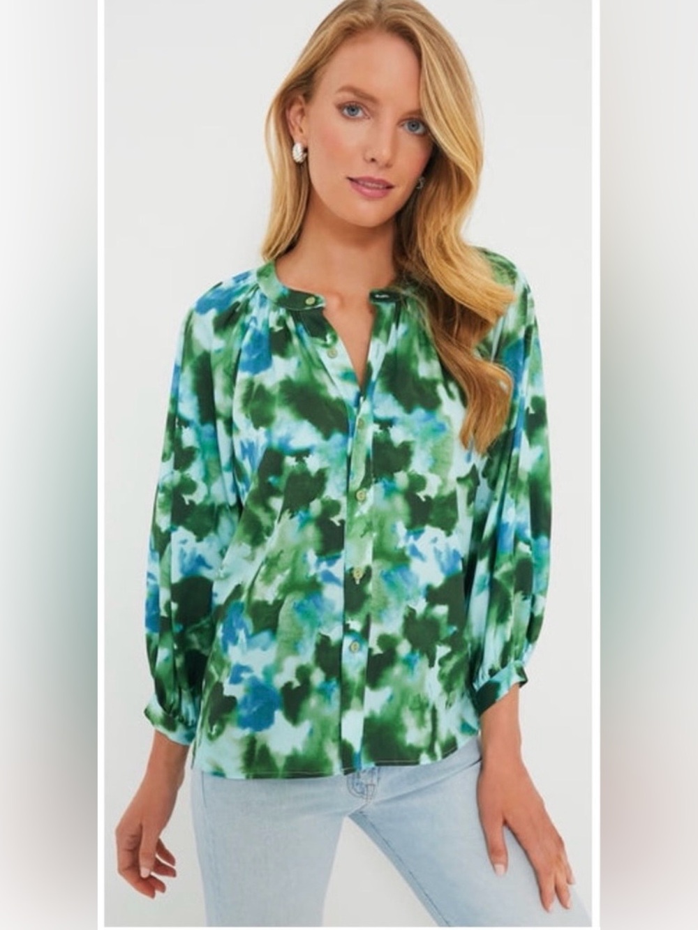 Tuckernuck Luca Balloon Sleeve Button-Down Blouse in a Deep Lagoon Size Large